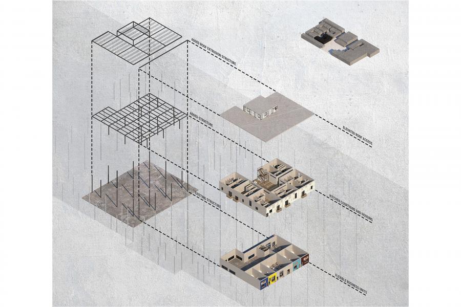 Exploded axonometric demonstrating how new construction within the existing structure of the big box store would occur. These housing pods would facilitate commercial space on the main floor and residential units on the second floor.