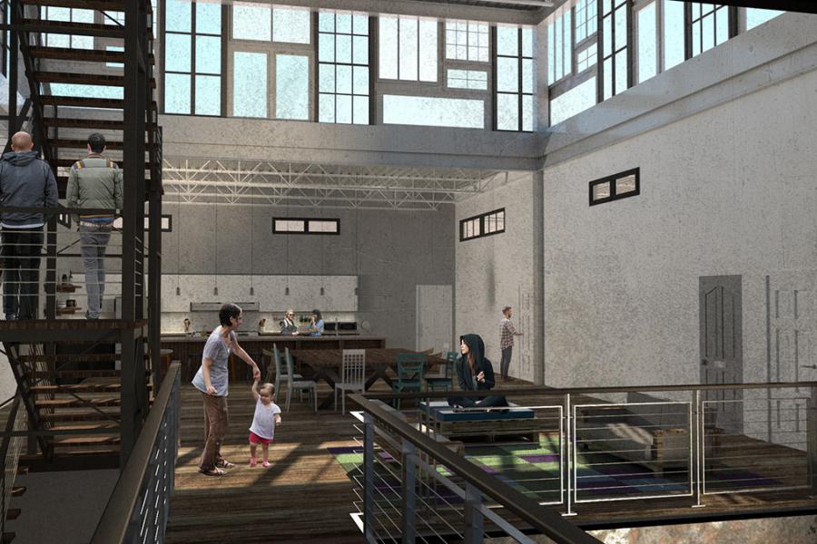 An image of the proposed kitchen courtyards within each housing pod.