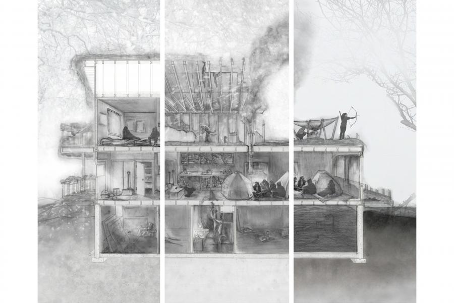 A research case study that explored how a home can be deconstructed to aid in survival during a winter disaster. The image demonstrates the progression of the deconstruction over a period of twelve weeks. 