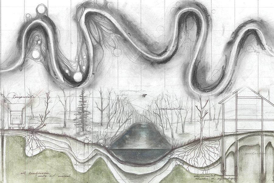 plan view drawing of a river on top of a section drawing of the river