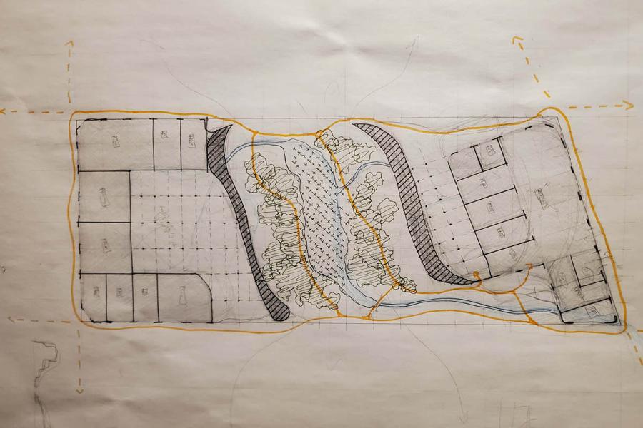 Preliminary Site Plan considering the interaction space designated for commercial, and hydrological use