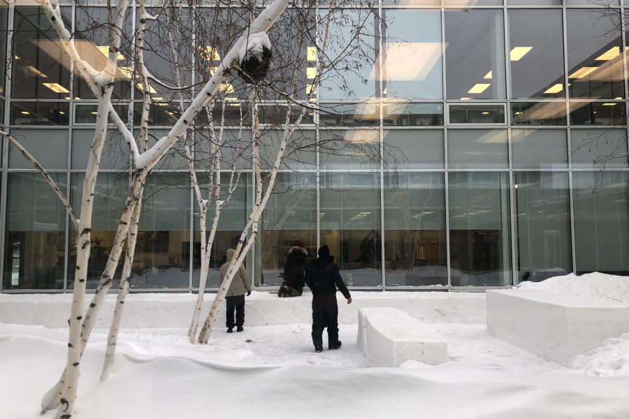 students working on snow benches outside