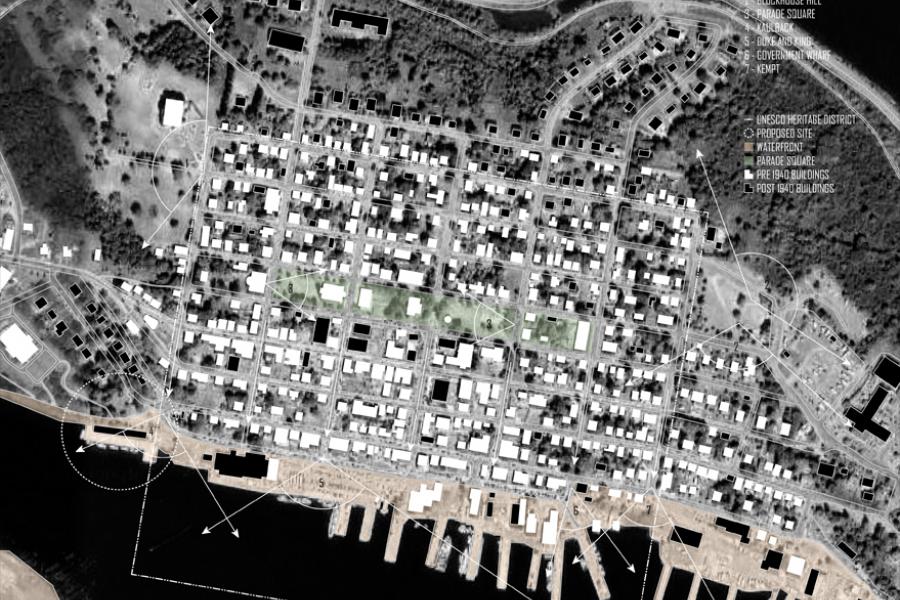 Diagram indicating the proposed site, prminent public views, as well as pre and post 1940 structures.