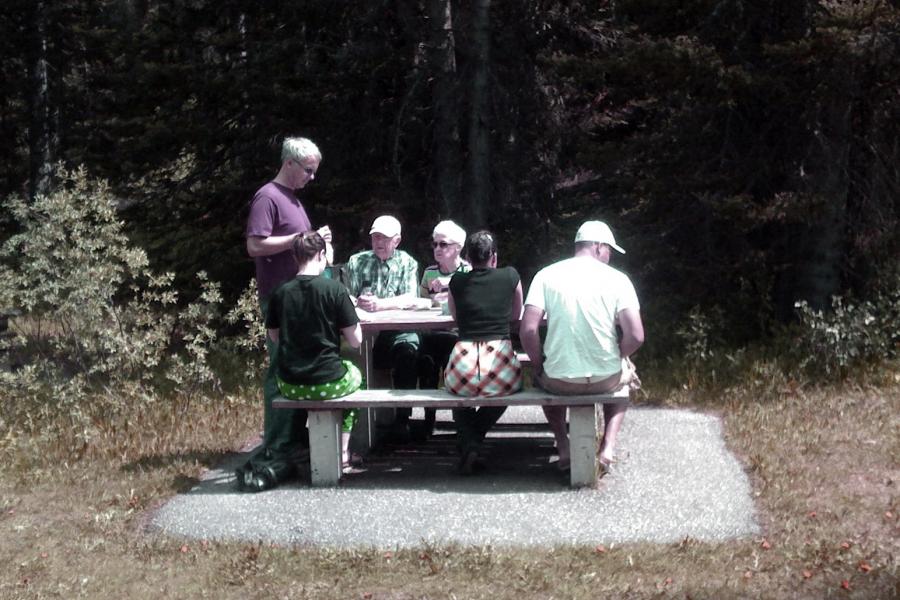 A group sitting at a picnic table.