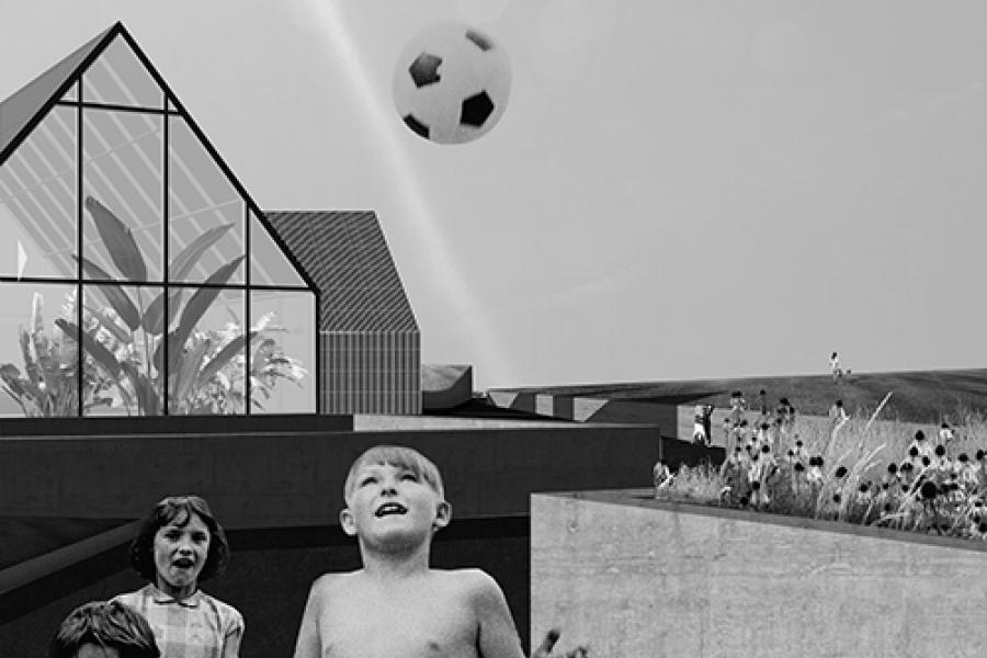 Rendering of children playing by the community greenhouse