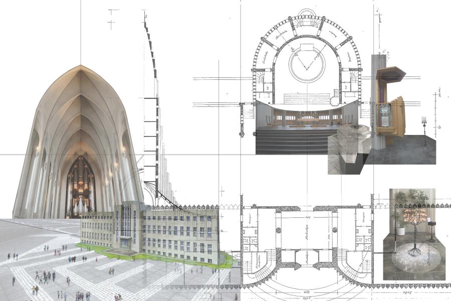 Collage drawing of traditional Christian church plans and imagery