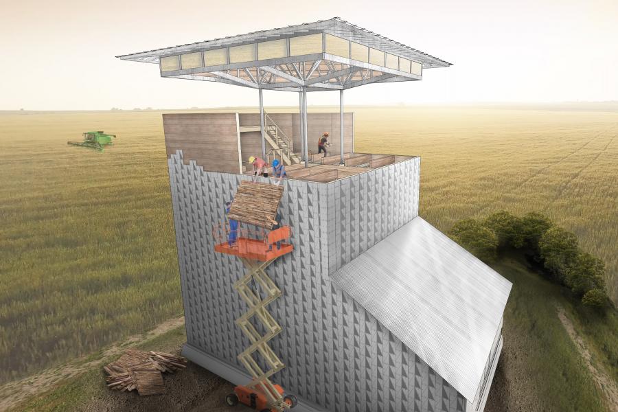 Rendering of grain elevator with roof raised to see inside