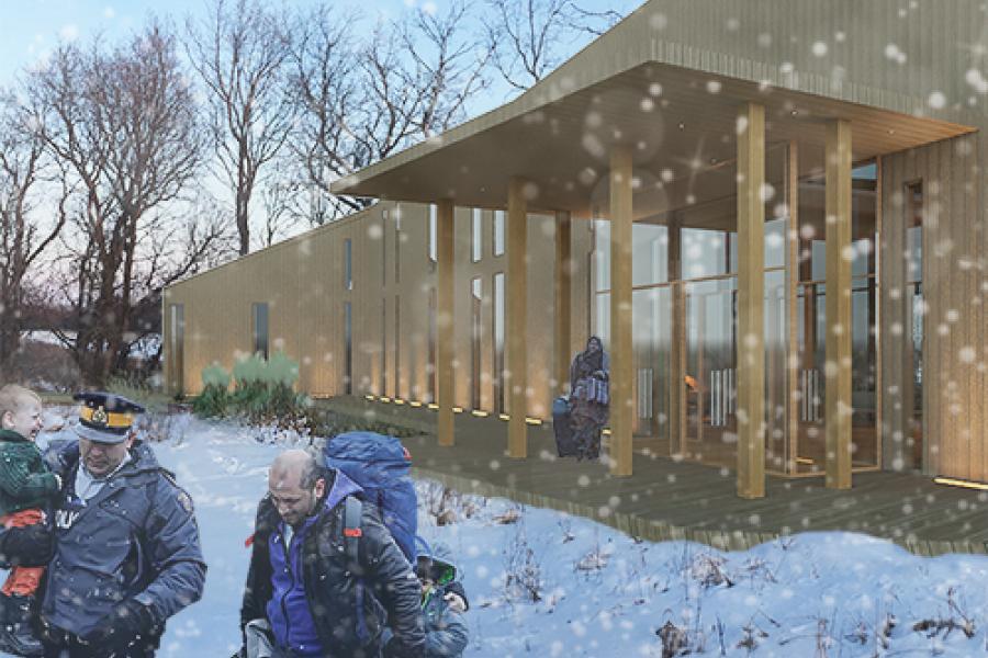 Rendering of the building entrance as snow falls