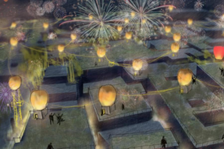 Drawing of fireworks and lanterns above a city