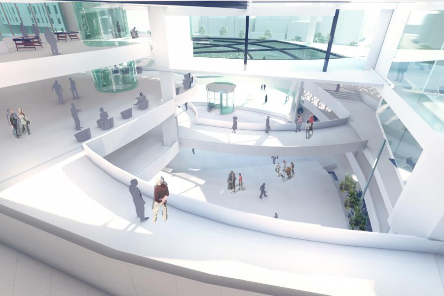 Interior perspective (view from upper floors to main lobby & central park)