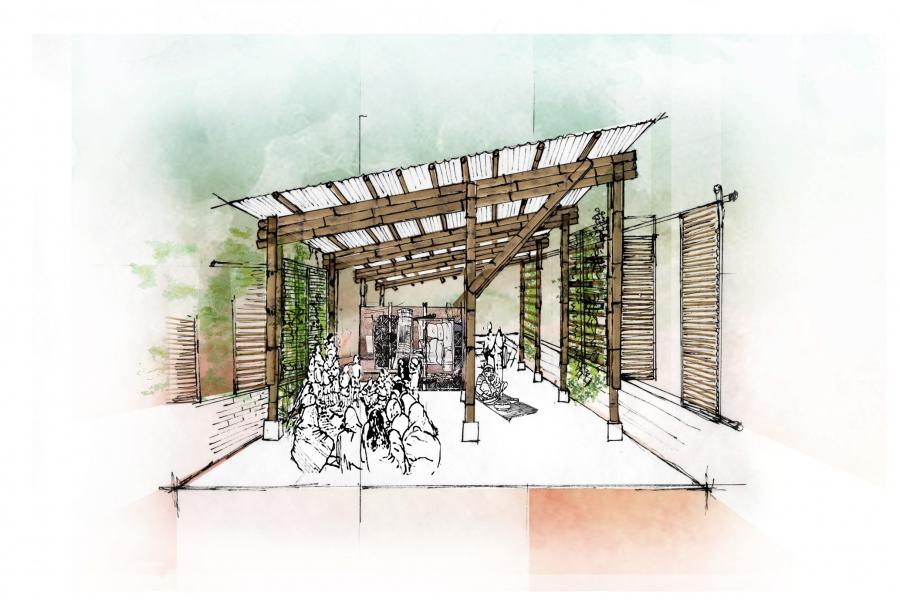 Initial Sketches of The Habitation:  Open Community Space in the Ground Floor, Upper Floor Semi Privtae Neighbourhood Space with Bamboo Wall Screen to Stream Light & Air and  the Market Place.