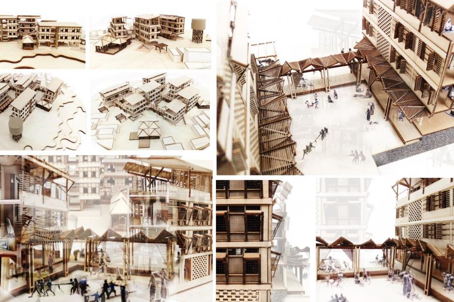 Collaged Picture of the Masterplan Model and Section Model Enacted with Life and Activities.