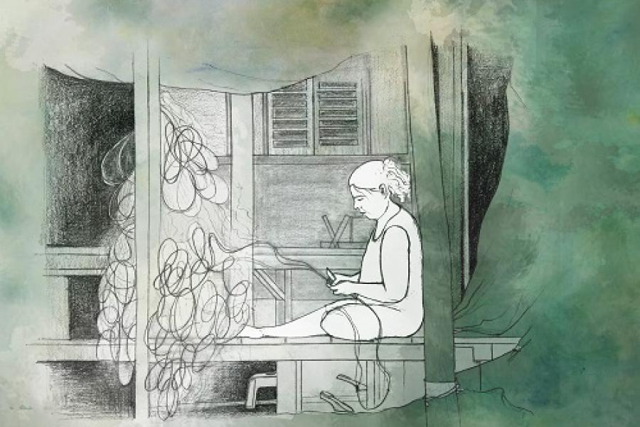 watercolour drawing of a woman sitting on the floor making.