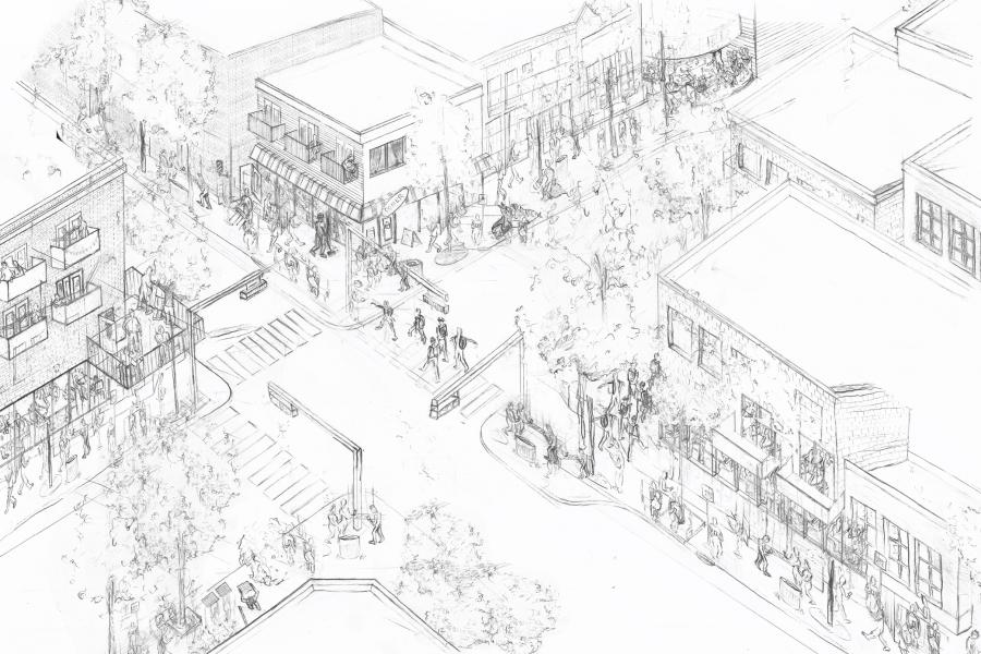 Black and white drawing of an intersection from above