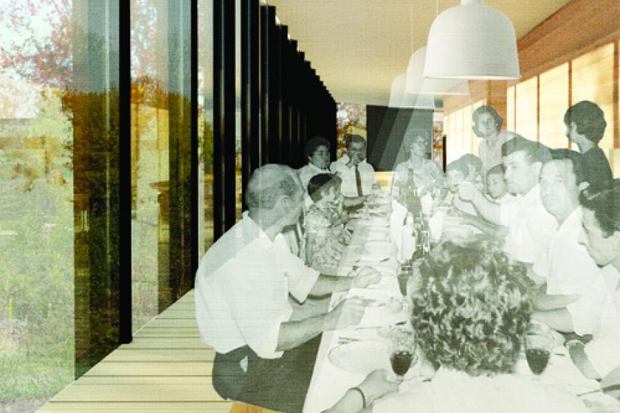 Collage of a large group of people sitting to eat at a table