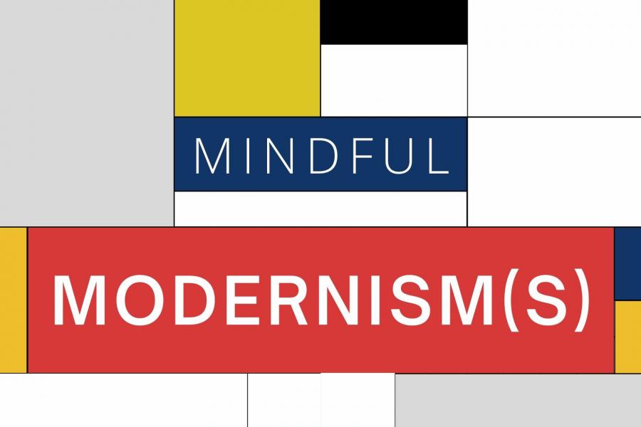Piet Mondrian inspired background with text "Mindful Modernism(s)"