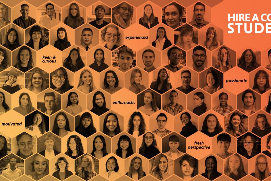Collage of co-op students with an orange background