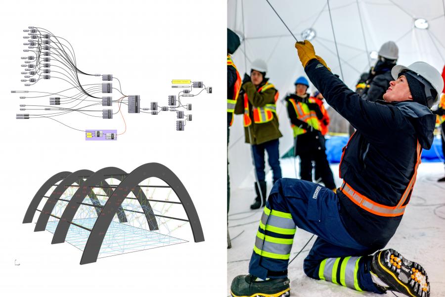 Digital simulation of Fabrigami and student pulling wire really hard