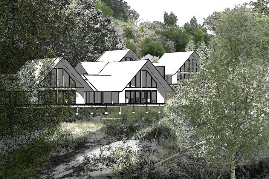 Perspectives of buildings in the woods