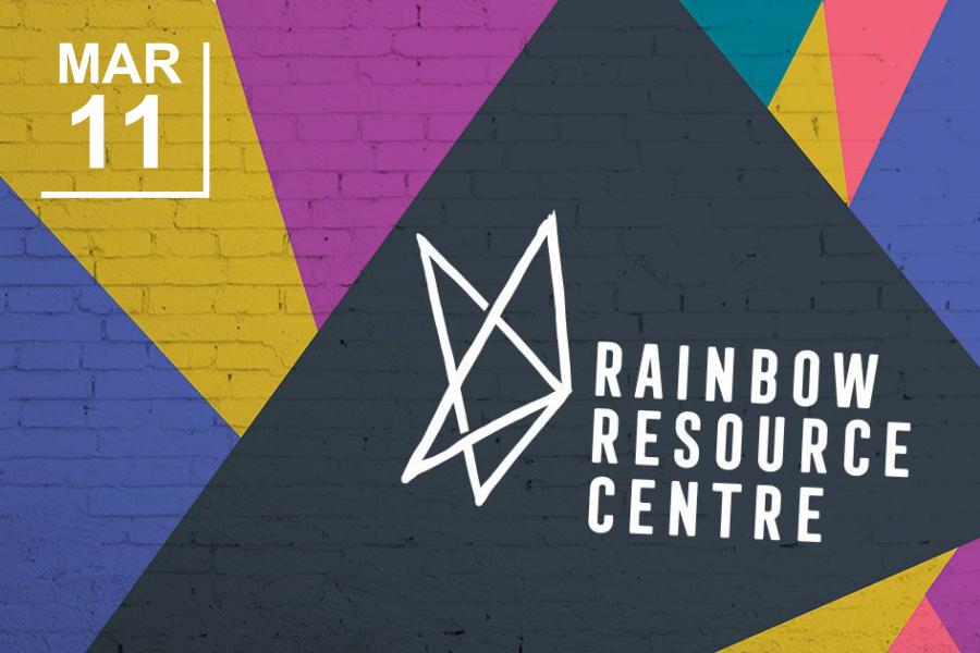 Brightly painted all with text reading: Rainbow Resource Centre