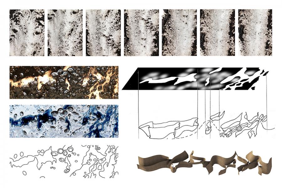 Collage of washed mud patterns and 3D earth walls