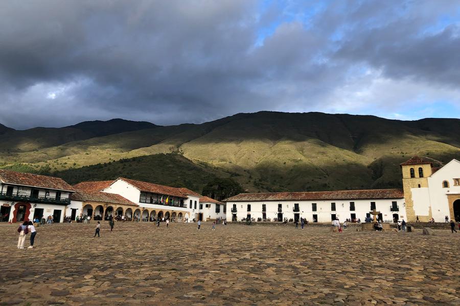 Plaza at the base of mountain