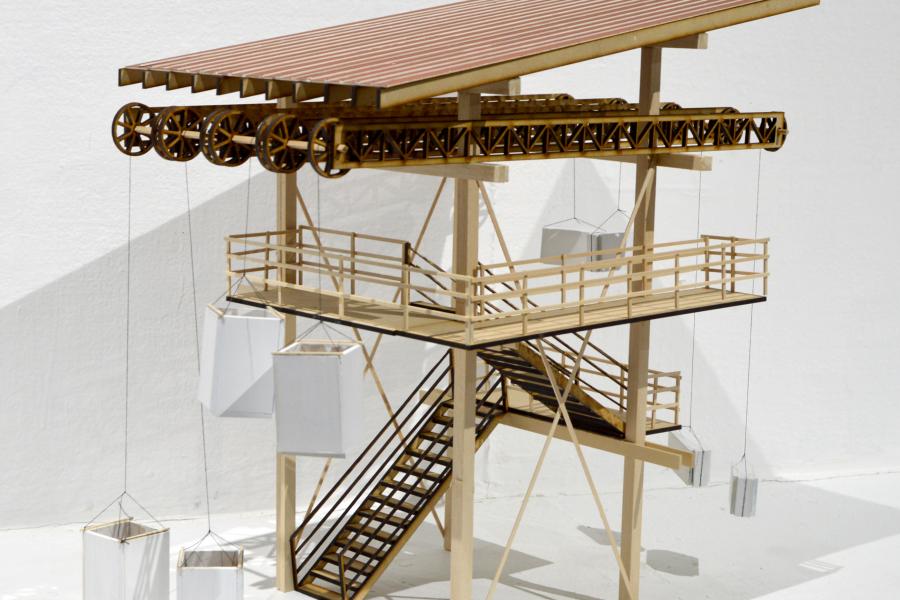 A model of the Rain Gauge Lookout Tower, a structure attached to the Slaughterhouse
