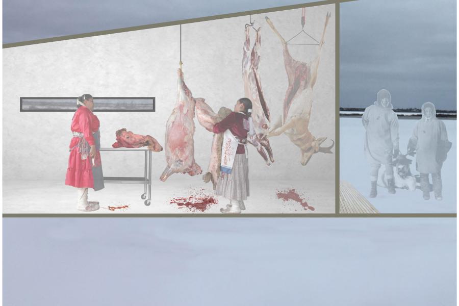 Process: Cutting and skinning an animal.