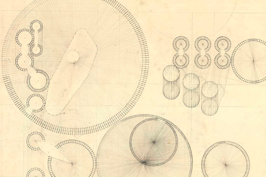 Drawing of many sized circles, with lines radiating from their centres.