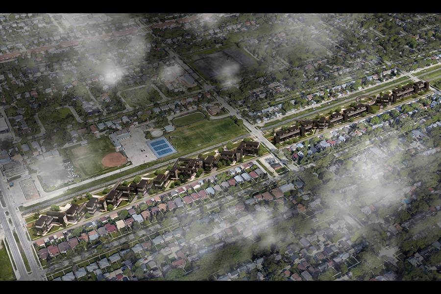 Aerial view of suburb with clouds