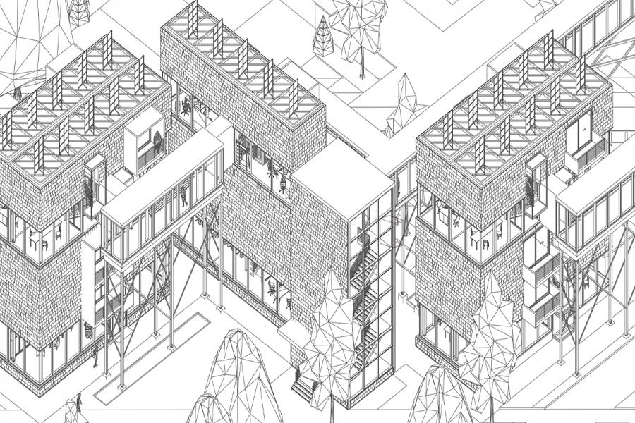 Axonometric rendering of the building
