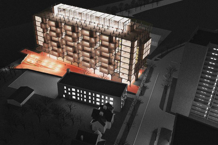Aerial view of building at night