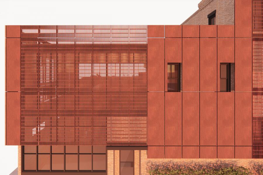 Render showing the detail in the Corten steel privacy screen.