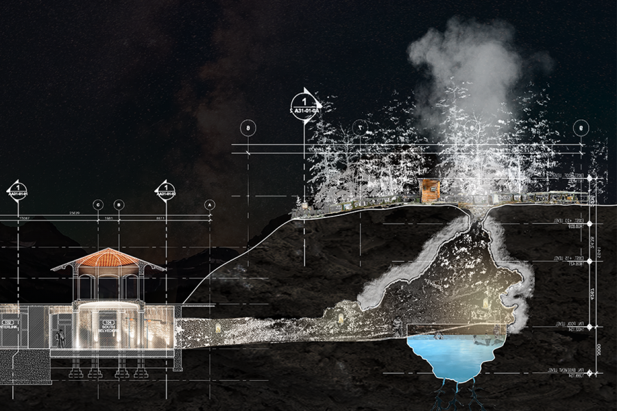 Section drawing through belvedere, tunnel, and cave hot spring.