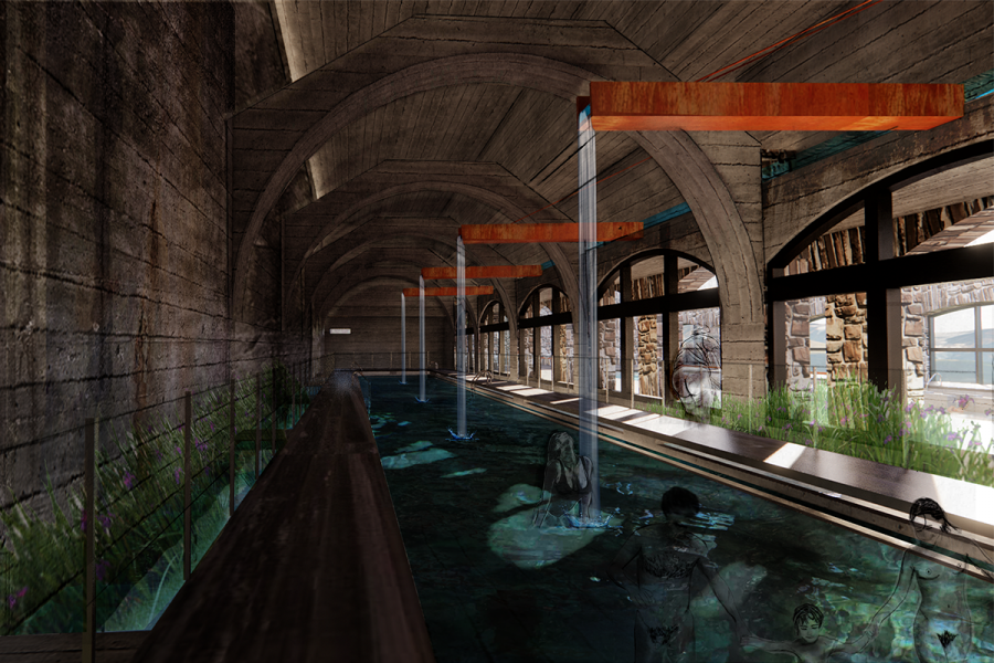 Indoor Pool surrounded by hydro-botanic moat. 