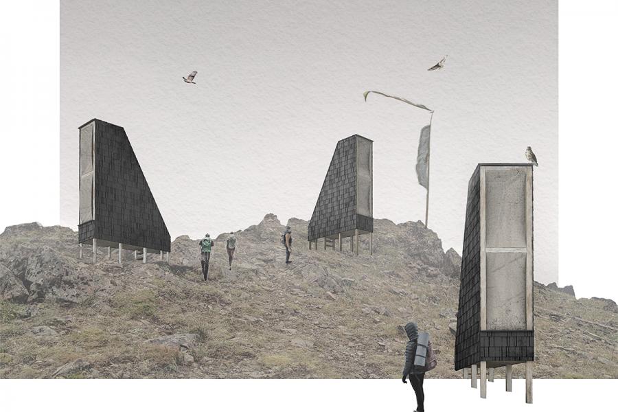 Visitor’s shelters on the mountain top emphasizing the extreme windy conditions.
