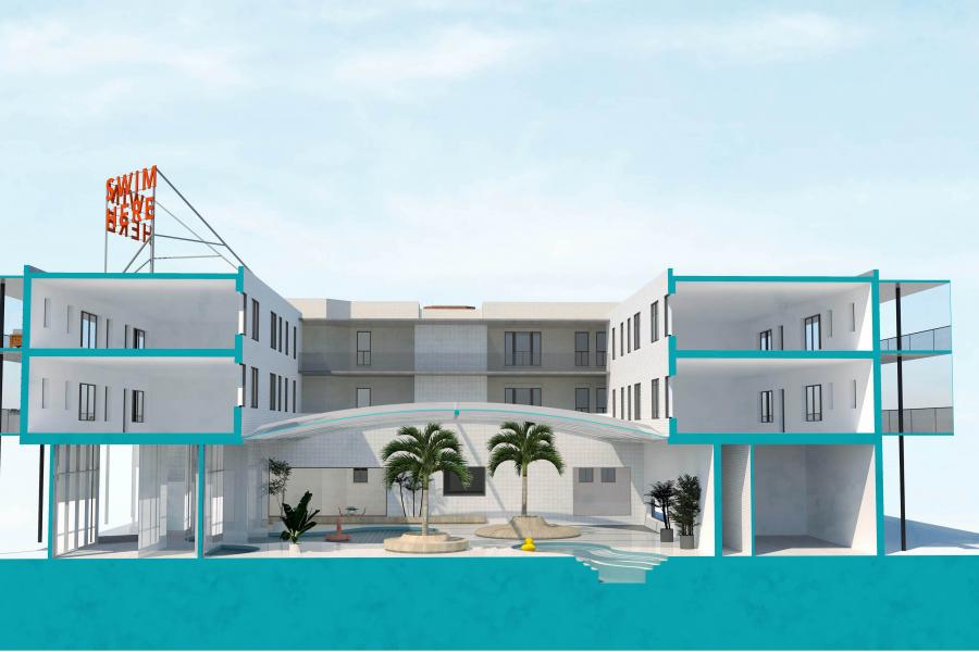 Section through the community pool and residential units.