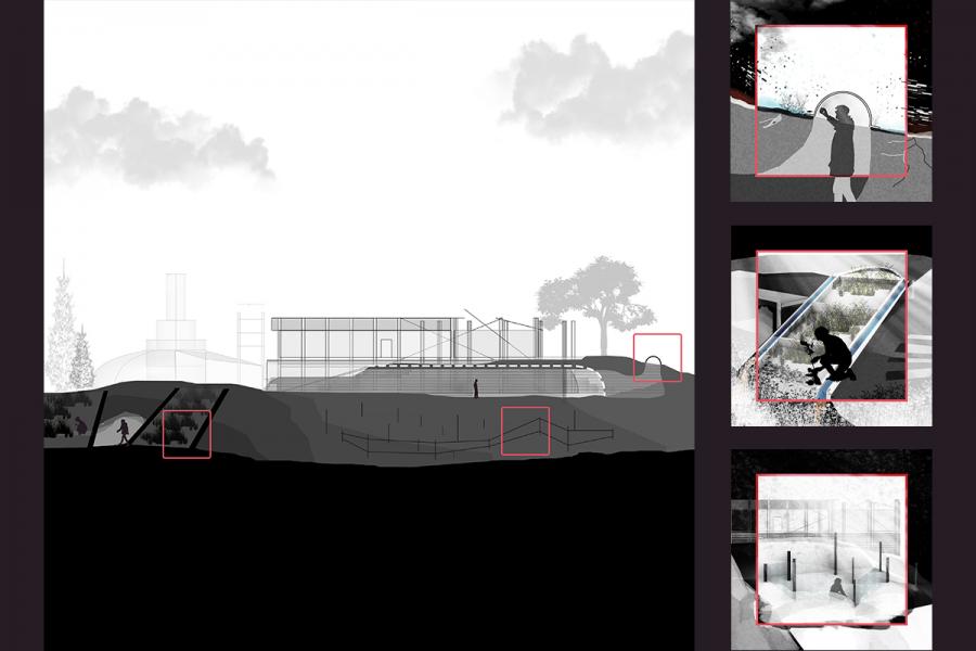 Section and vignettes through the site and structure.
