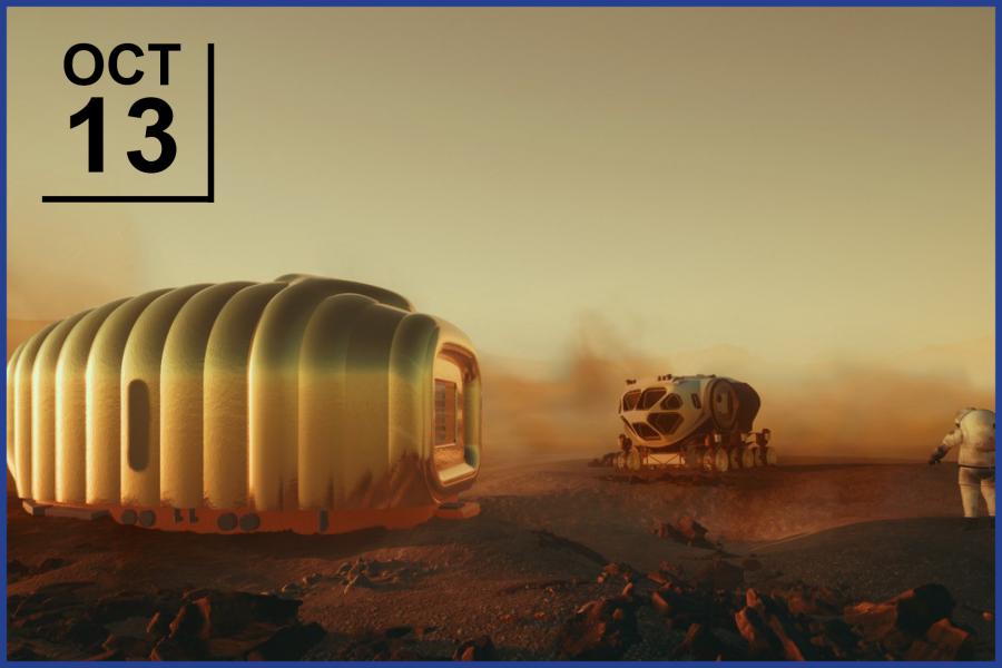 rendering of brown landscape with spaceship like object