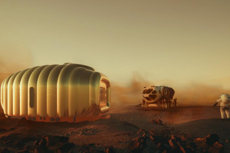 rendering of brown landscape with small and large spaceship like object