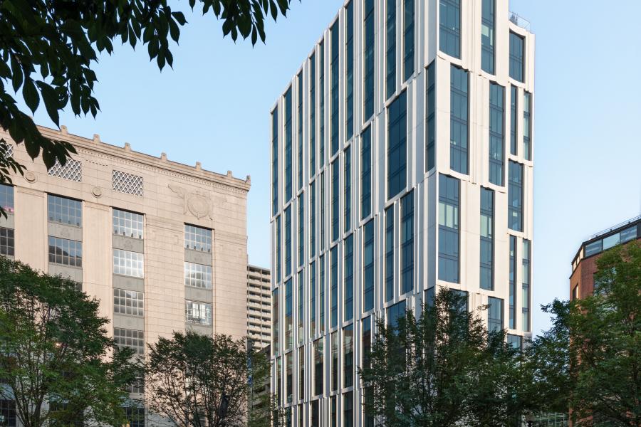 Modern, narrow building on a programmed landscape