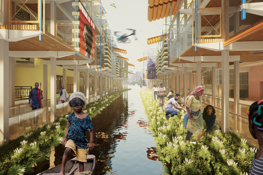 2. Rendered view showing scaffold protection and floating wetlands.