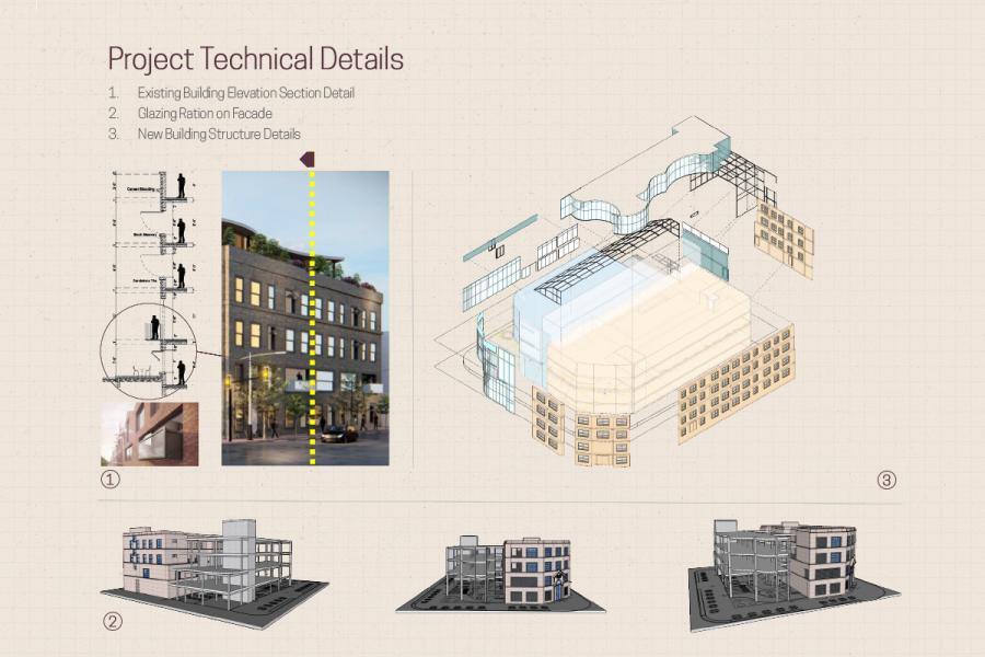 Graphic representation of preserved building façade and its connection with the street.