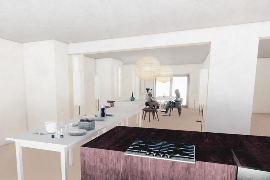 Rendering collage of the new communal dining space.