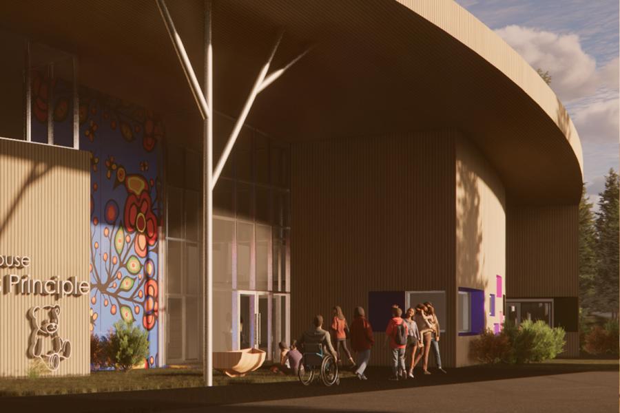 Rendering of a group of people walking past a building with a tall, arched roof.