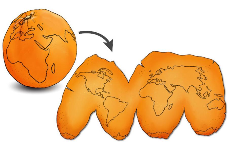 Image of orange peel with illustration of continents. Peel is removed to describe the way in which maps are created from round surface of the earth.
