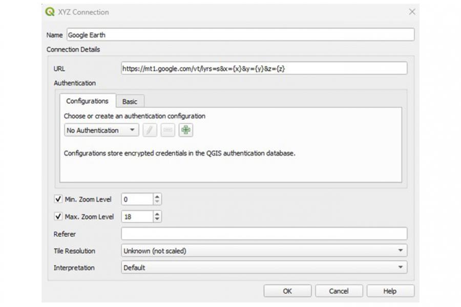 Screenshot of "XYZ connection panel" in QGIS user interface.