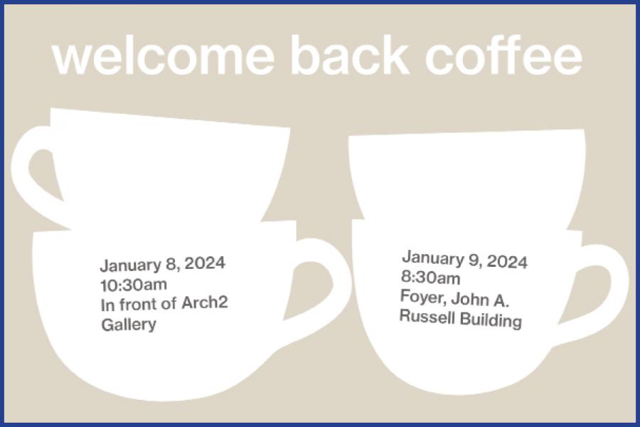 Graphic of white coffee cup silhouettes with white text that reads "welcome back coffee".