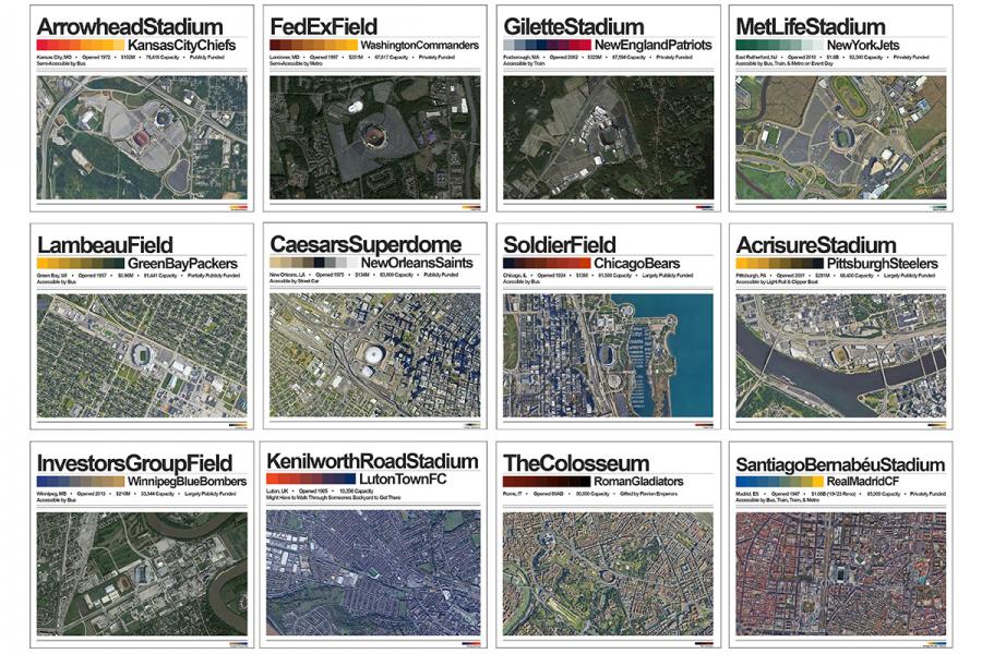 A survey of various prominent stadiums. Site imagery shows the relationship, or lack-there-of, between stadiums and the city around them. Notes within give insight into the cost of these stadiums and how they were funded.