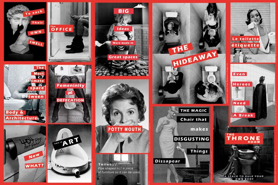 Collage of toilets in popular culture through the 20th century.